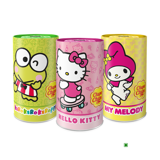 Hello Chupa Chups and frog tins with Chupa Chups Mix'up Lollipops Party Pack 192g, 16pc.