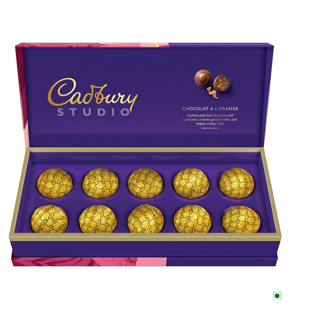 A Cadbury Orange box from India contains ten gold-wrapped pralines.