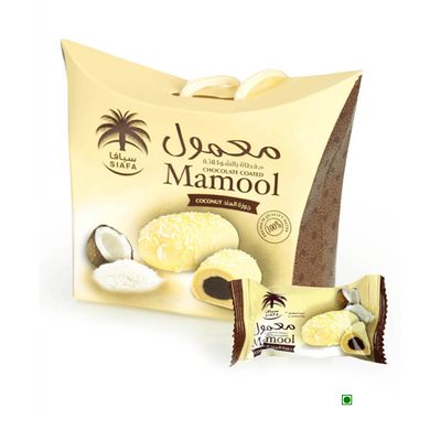 A delicious bag of Siafa Dates Mamool Coconut 115g with a coconut lovers' favorite - a chocolate bar inside.