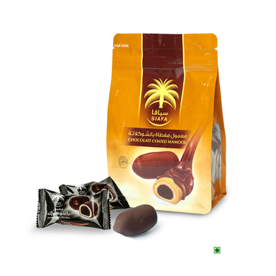 A bag of Siafa Dates Mamool Brown Chocolate Coated 210g from the Kingdom of Saudi Arabia with a palm tree on it.