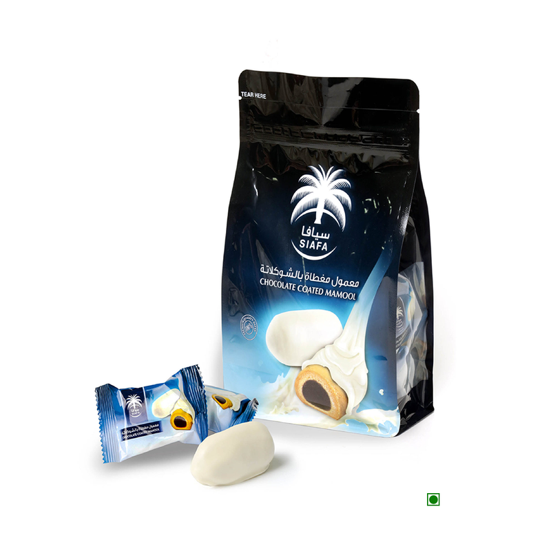 A bag of Siafa Dates Mamool White Chocolate Coated 210g with a KINGDOM OF SAUDI palm tree on it.