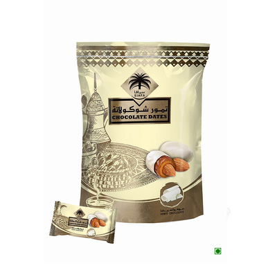 A bag of Siafa Dates White Chocolate With Almond 100g on a white background.