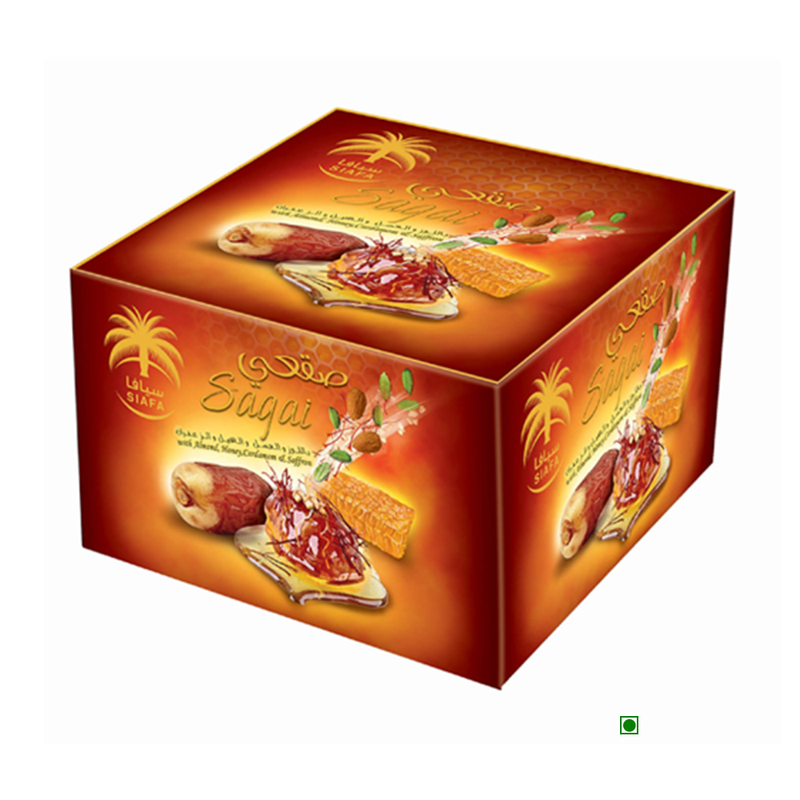 A box of Siafa Dates Sagai Saffron 400g, a specialty from the KINGDOM OF SAUDI, with a palm tree on it.