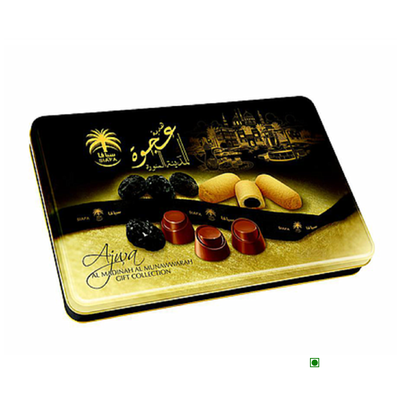 A tin with Siafa Dates Ajwa Gift Collection 450g from the KINGDOM OF SAUDI, a Country of Origin, a product by Siafa Dates.