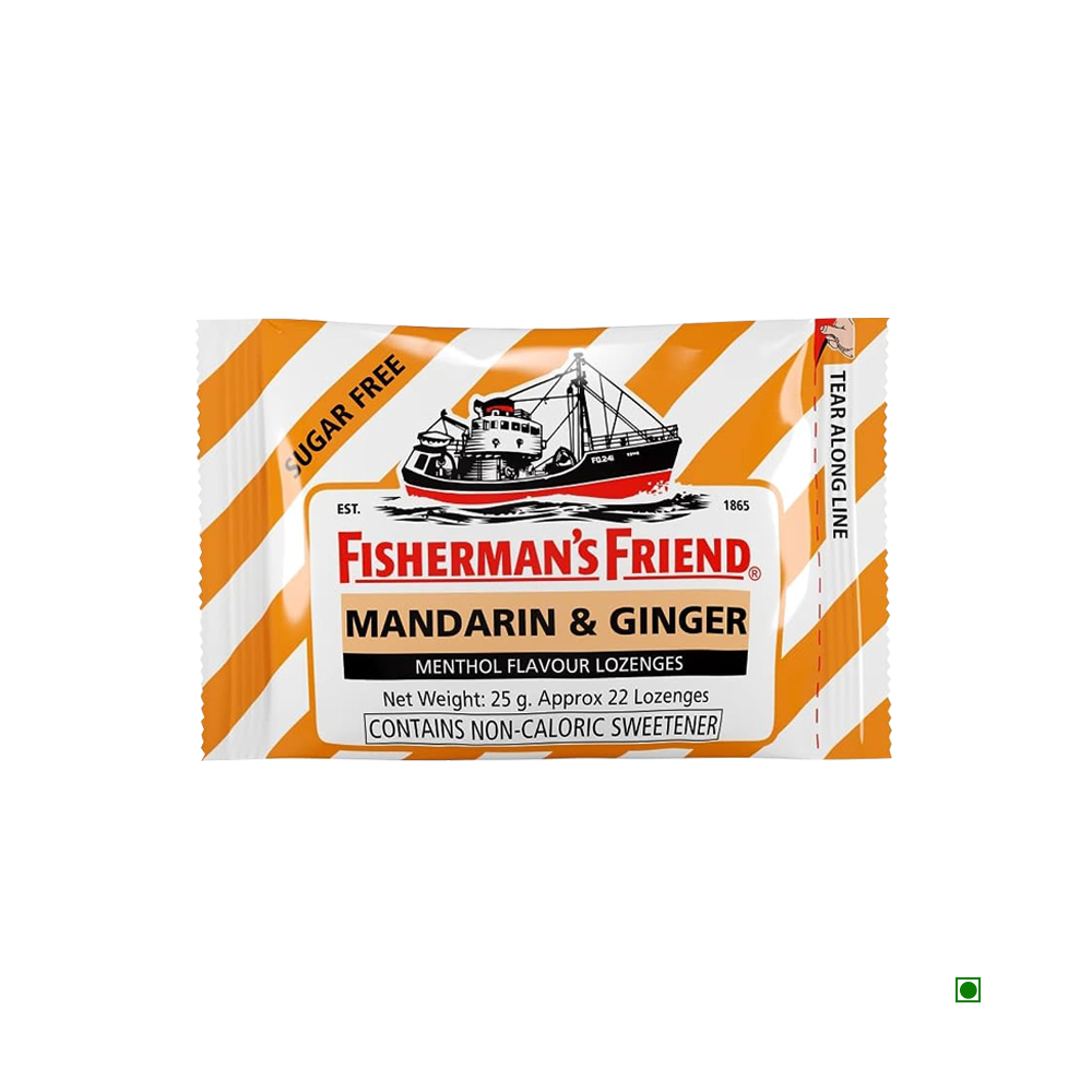 Package of Fisherman's Friend Lozenges Mandarin & Ginger 25g, sugar-free with non-caloric sweetener.