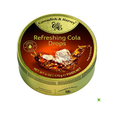A tin of Cavendish & Harvey Refreshing Cola Drops 175g candy, suitable for vegetarians.