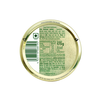 Top view of a closed Cavendish & Harvey premium gold tin labeled in English with nutritional information and a barcode, primarily in green and gold colors.