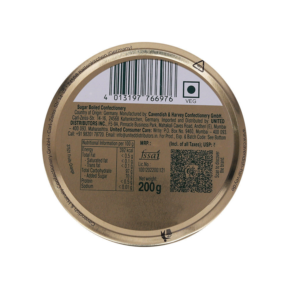 Round metal candy tin lid with nutritional information, barcode, manufacturer details, and country of origin: Germany for Cavendish & Harvey Fruity Orange 200g.
