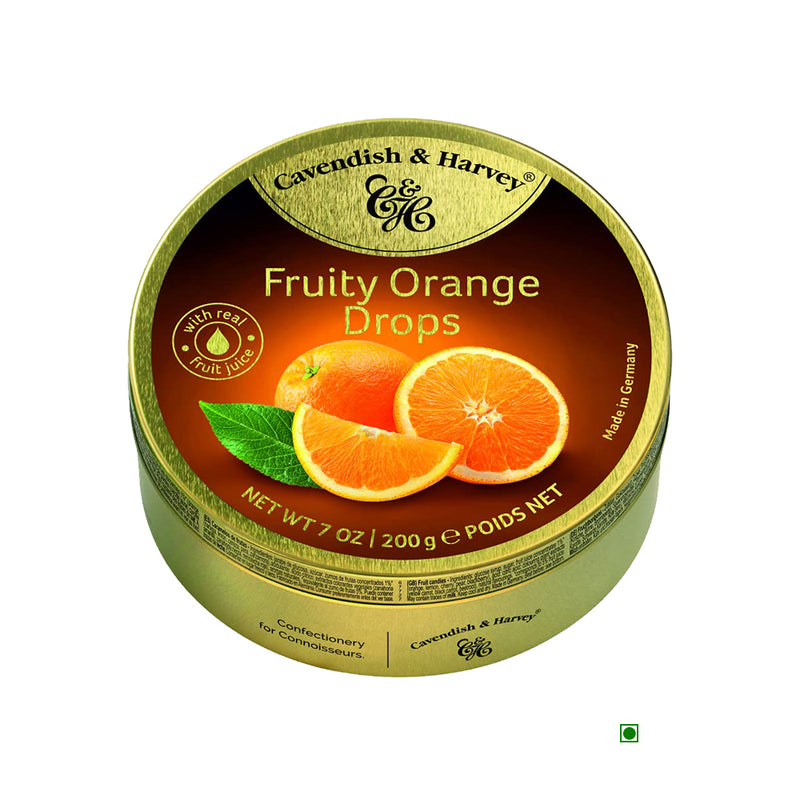 A Cavendish & Harvey tin of fruity orange drops.