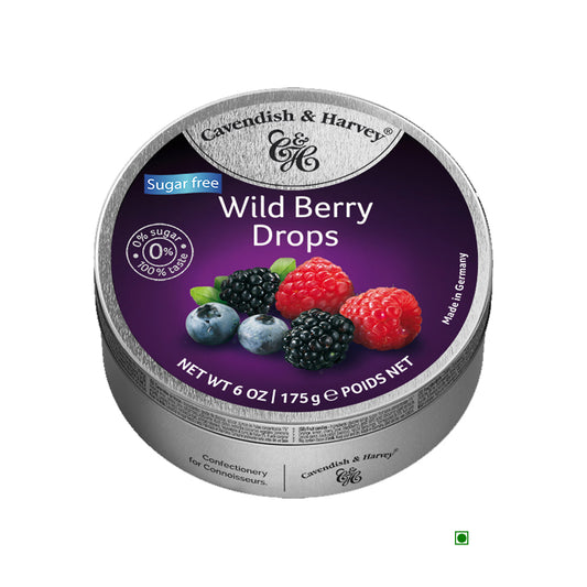 A tin of Germany's confectionery delicacies, Cavendish & Harvey Sugarfree Wild Berry Drops 175gm.