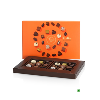 A box of Venchi Large Praline Gift Box 200g chocolates in an orange box.