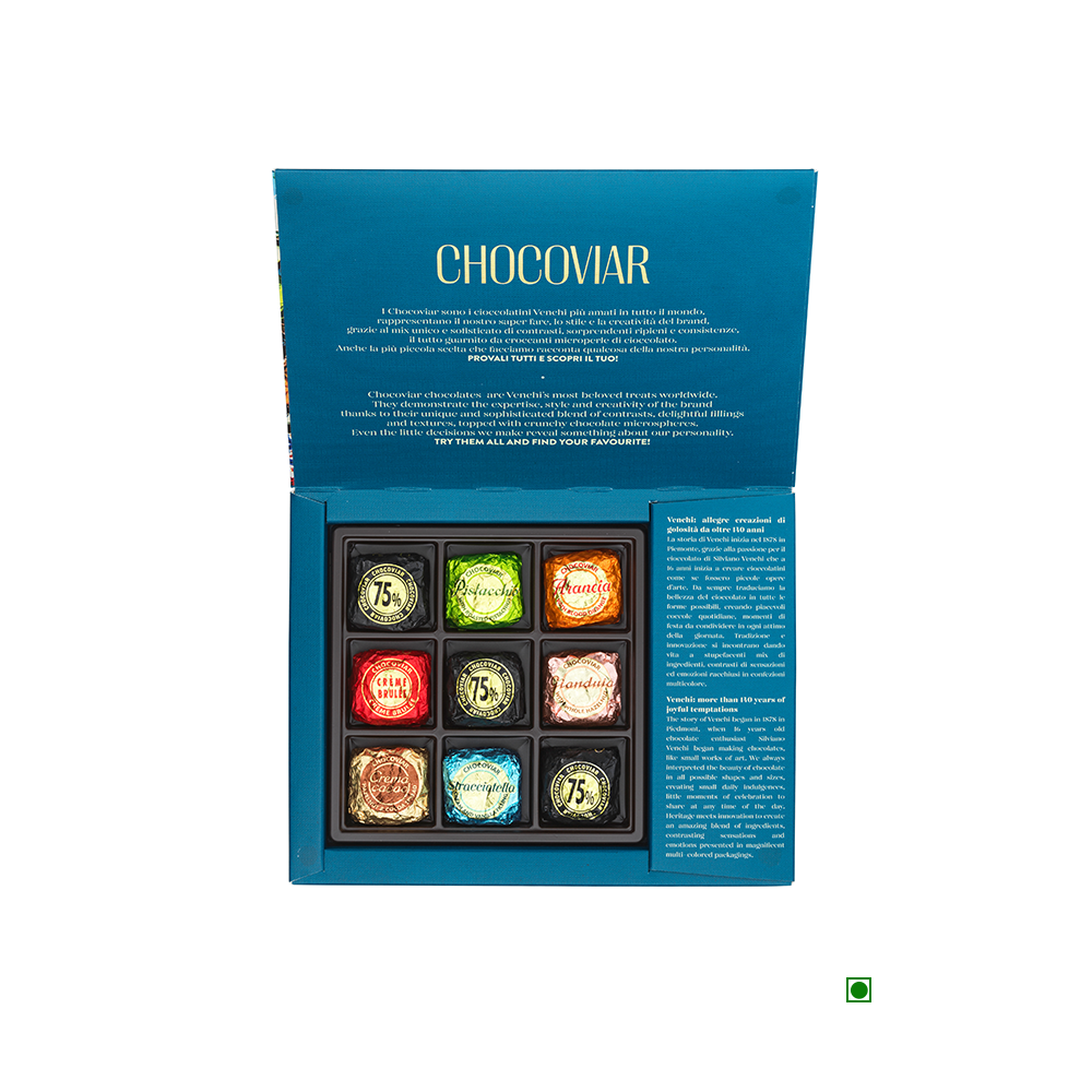 A box of Venchi Chocoviar Experience 169g in a blue box.