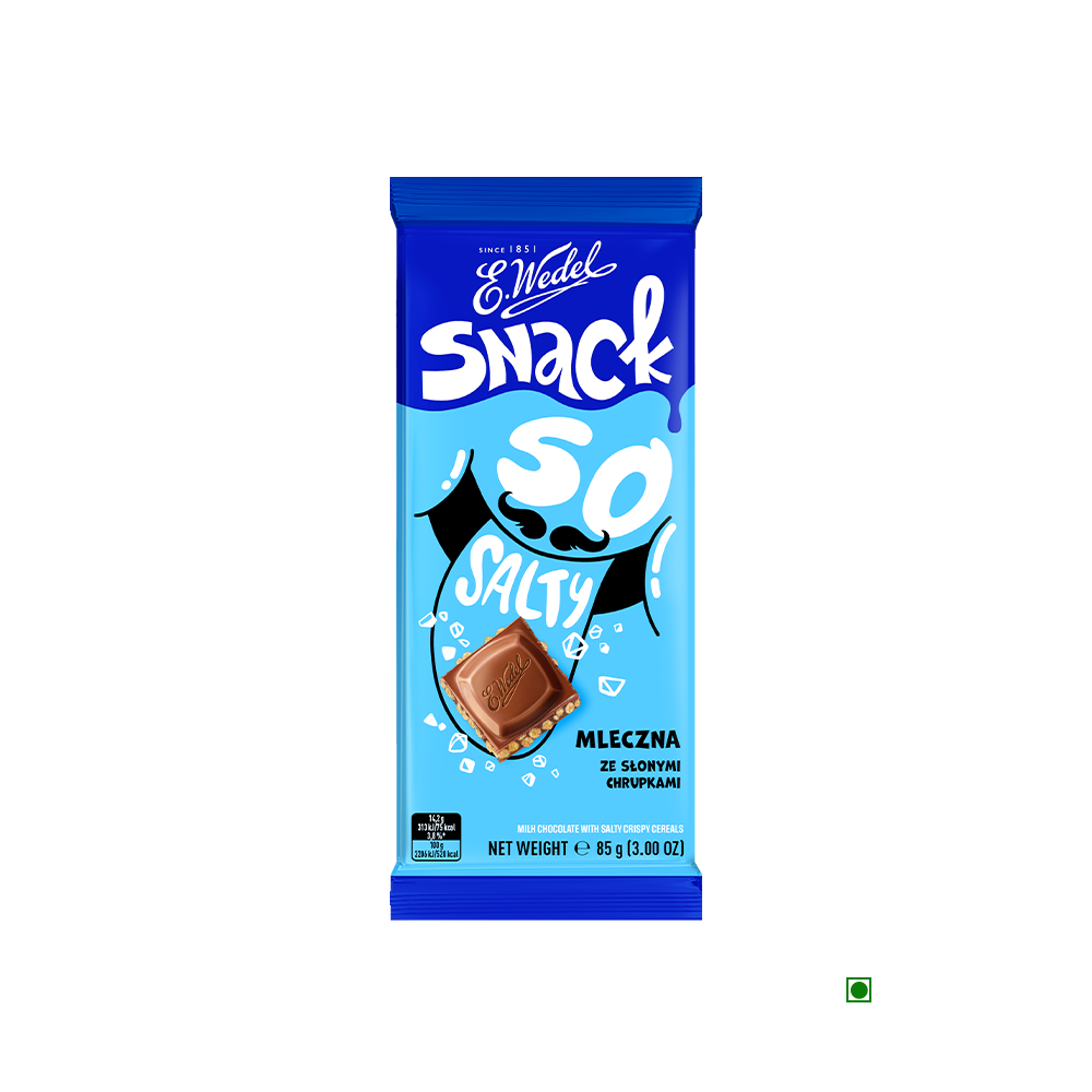 A Wedel Snack Salty Milk Chocolate with Salty Crispy Cereals 100g bar, including a layer of salty crisps.