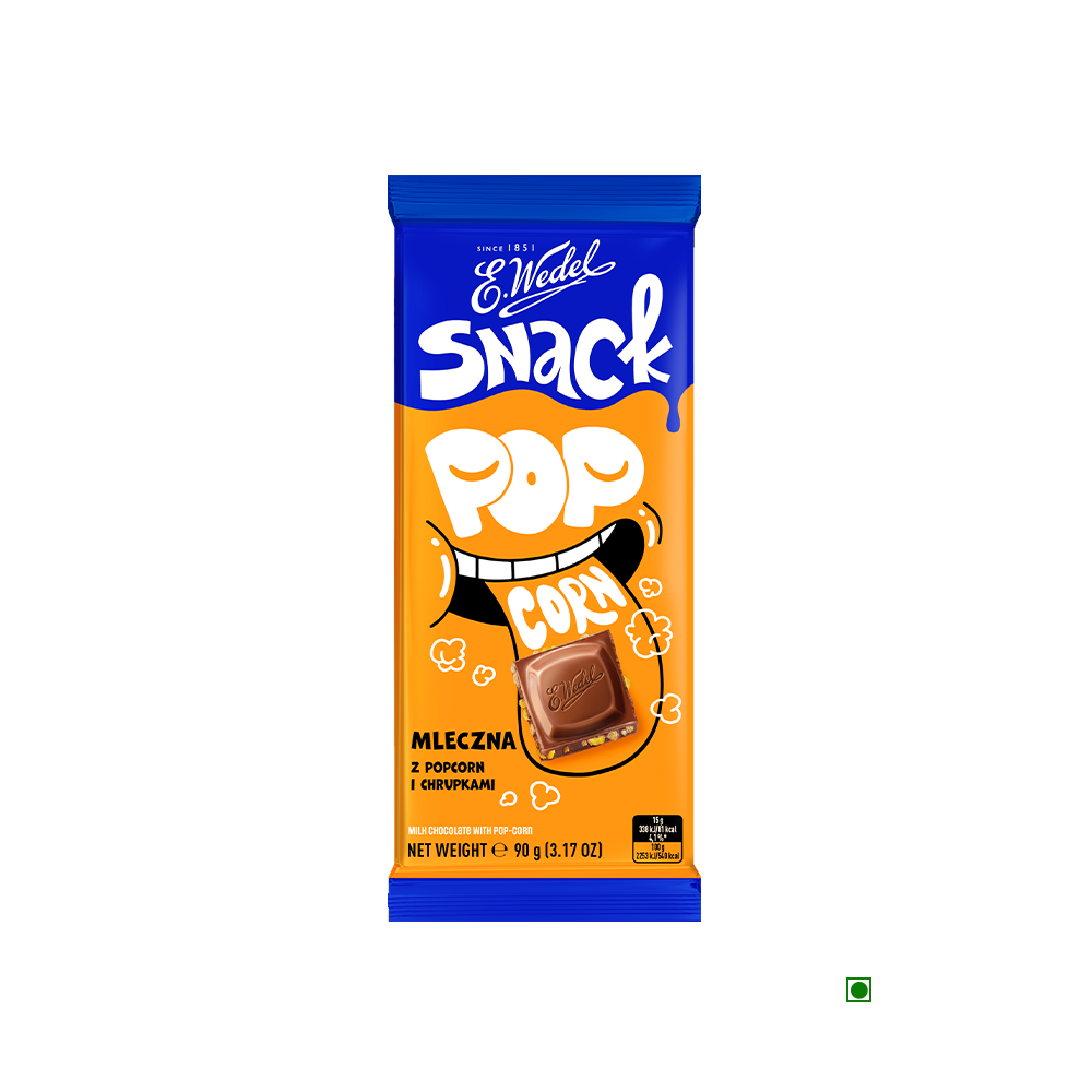 A Wedel Snack Popcorn Milk Chocolate with Popcorn 90g bar with an orange on it.