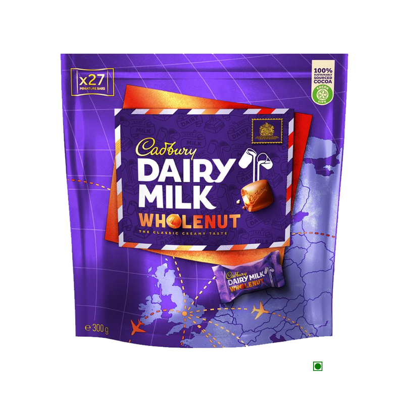 Indulge in the irresistible combination of creamy Cadbury Dairy Milk Wholenut chocolate and crunchy whole hazelnuts, elegantly packaged in a convenient Cadbury Dairy Milk Wholenut Bag 300g.