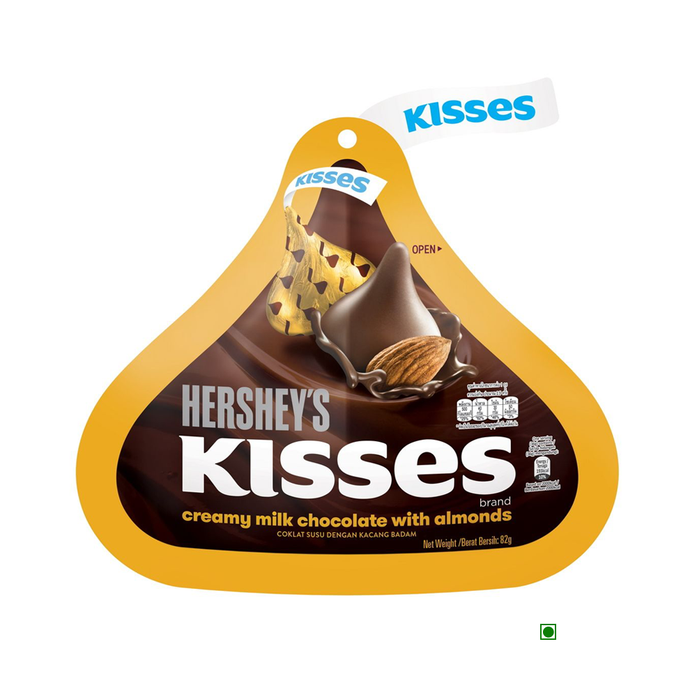 An 82g pouch of Hershey's Kisses with Almonds, showcasing images of the chocolates and almonds on the front. The package proudly displays the Hershey's logo along with detailed nutritional information.