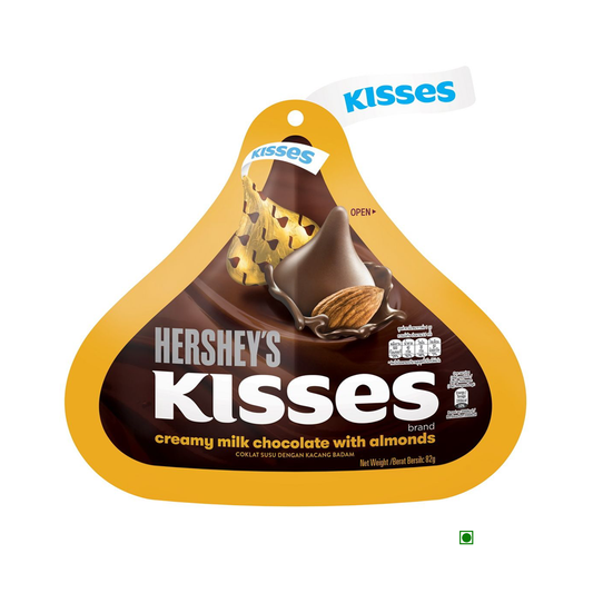 A package of Hersheys Hershey's Kisses with Almonds Pouch 82g featuring creamy milk chocolate with almonds. The packaging, shaped like a Hershey's Kiss, is predominantly brown with a yellow border that highlights the delicious treat inside.