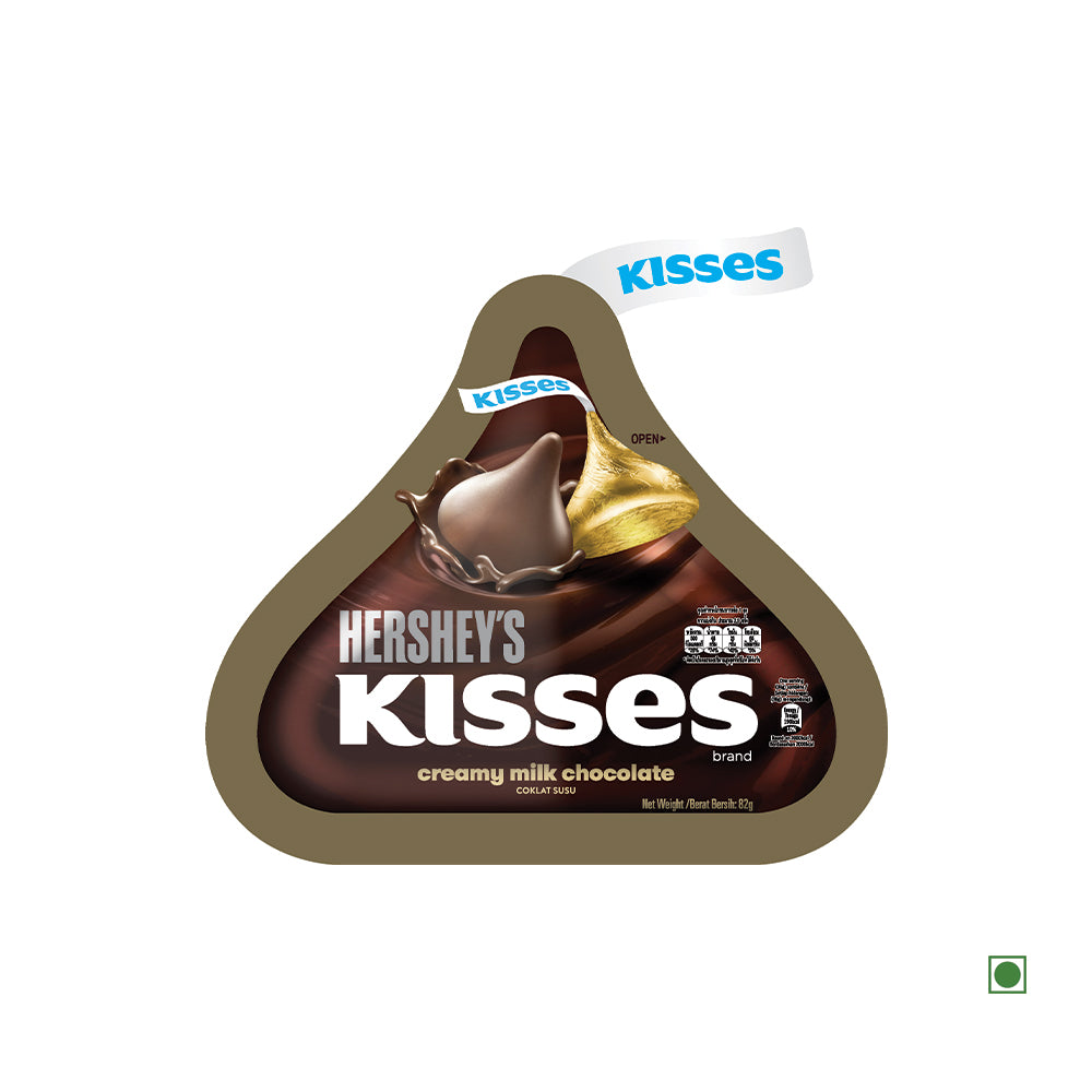 An 82g pouch of Hershey's Kisses Milk Chocolate by Hershey's is shown, perfect for any chocolate lover, with a gold-wrapped candy featured prominently on the front label.