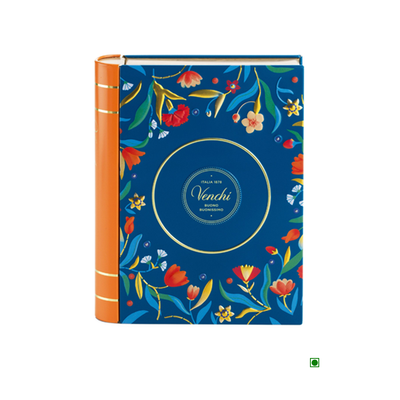 A Venchi Baroque Maxi Book 200g with orange and blue flowers on it.