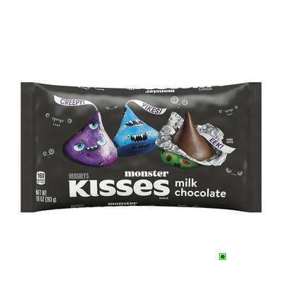 Hershey's Monster Halloween Chocolate Kisses in monster-print foil wrappers, perfect for candy dishes.