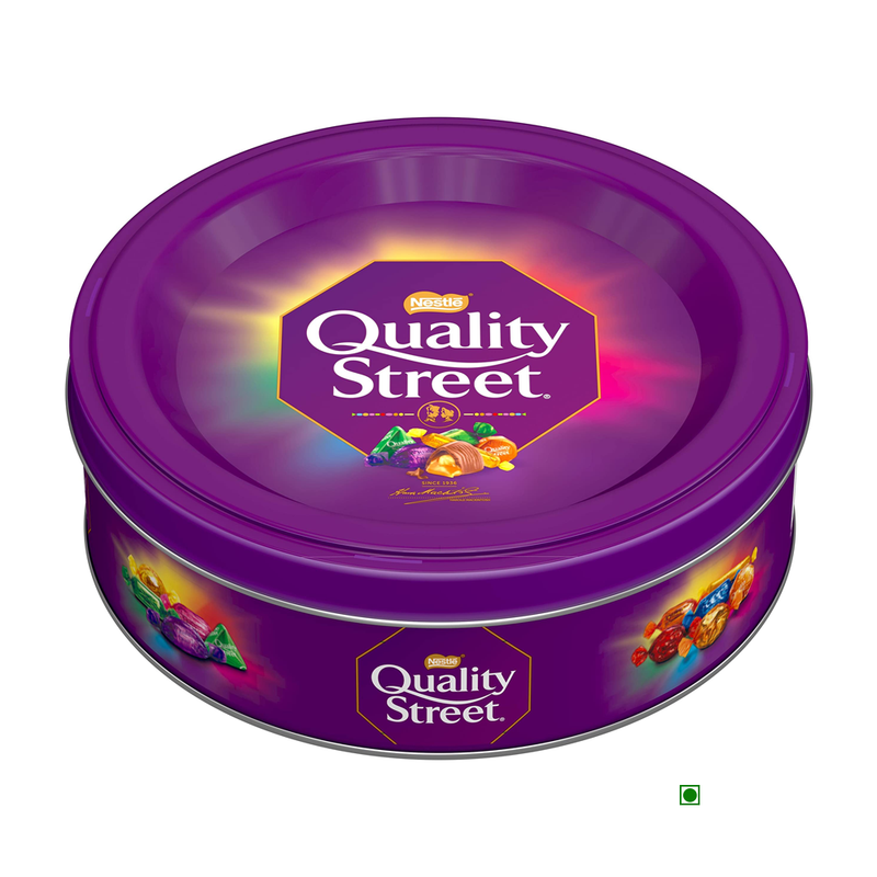 A purple tin of Nestle Quality Street Chocolates Tin Box 410g.