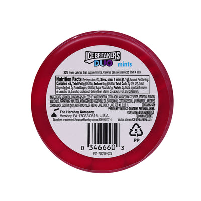 Image of the back label of a Hersheys Ice Breakers Mint Duo Raspberry 36g container showing nutritional facts and manufacturer details.