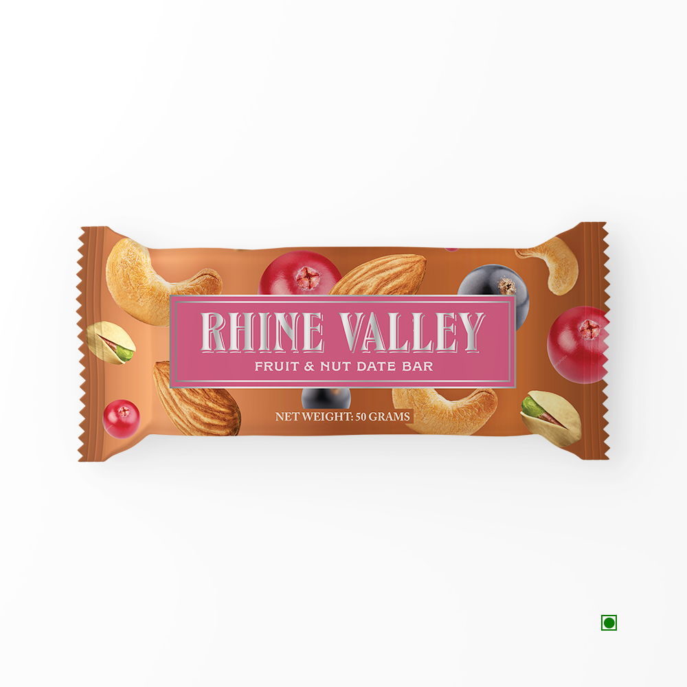 A Rhine Valley Fruit & Nut Date Bar 50g with almonds and cranberries on it.