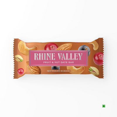A Rhine Valley Fruit & Nut Date Bar 50g with almonds and cranberries on it.