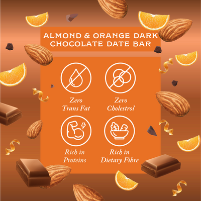 Rhine Valley Almond & Orange Dark Chocolate Date Bar 50g with sliced almonds.