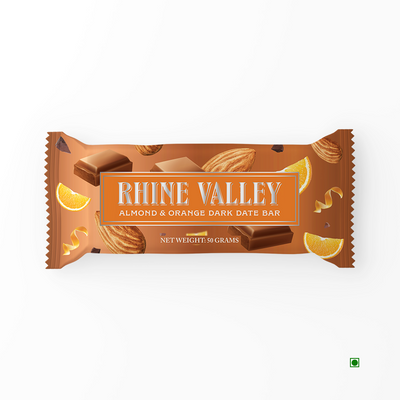 A Rhine Valley Almond & Orange Dark Chocolate Date Bar 50g with sliced almonds and oranges.