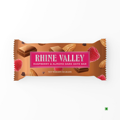 A Rhine Valley Raspberry, Almond & Dark Chocolate Date Bar 50g.