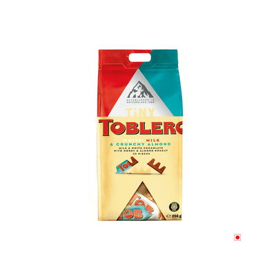 A bag of Toblerone Tiny Crunchy Almonds Mix Bag 256g, Toblerone's Switzerland's famous chocolate, on a white background.