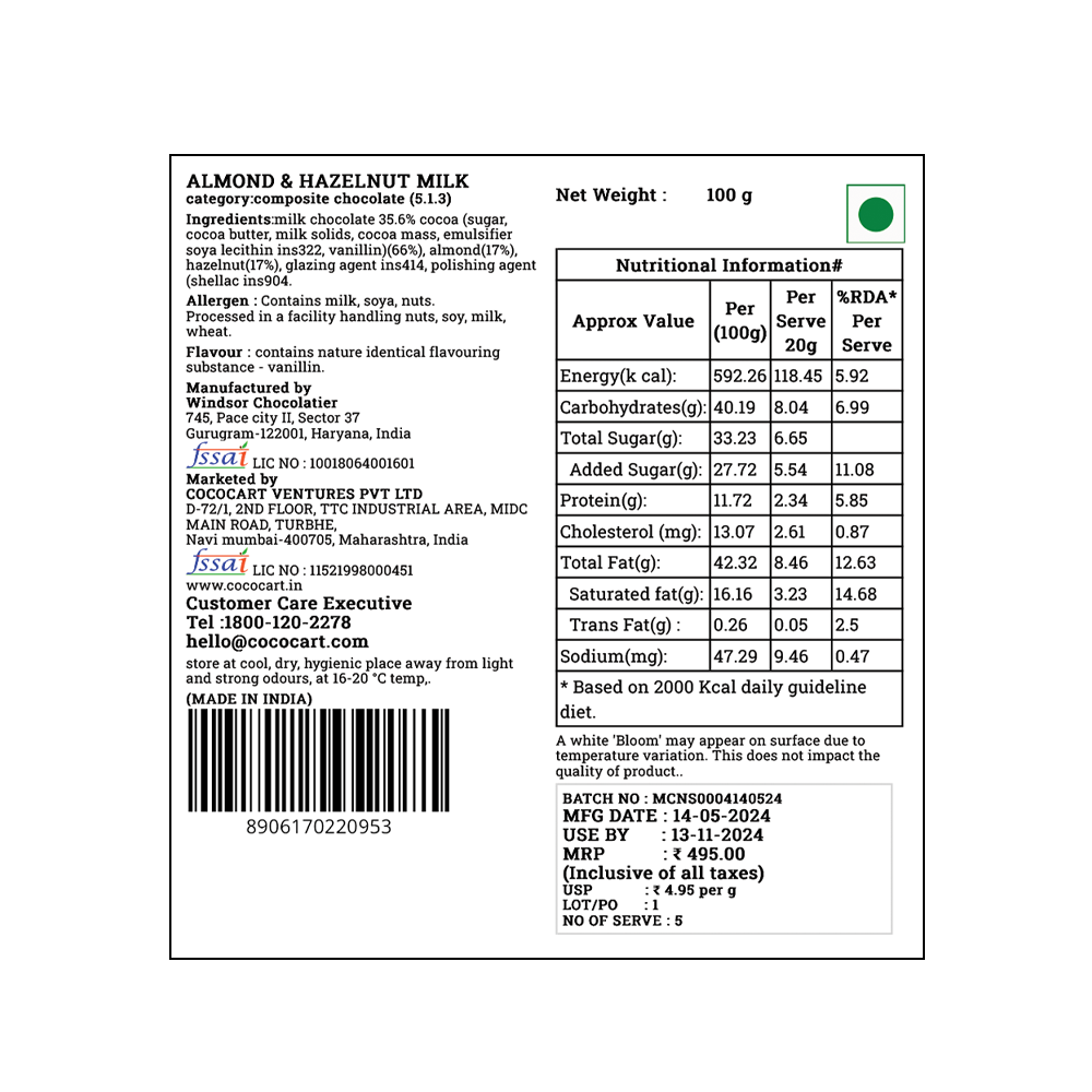 A packaging label for Rhine Valley Almond & Hazelnut Milk Dragees 100g, detailing ingredients, nutritional information, manufacturer details, and usage instructions. Weight: 100g. Crafted with Californian Almonds and Turkish Hazelnuts. Made in India.