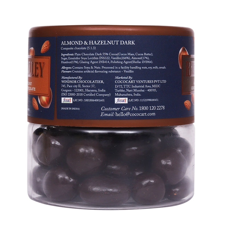 Jar of Rhine Valley Almond & Hazelnut Dark Dragees 100g with ingredient and company information on the label.