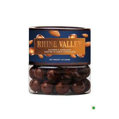 Dark chocolate covered almonds in a Rhine Valley tin.