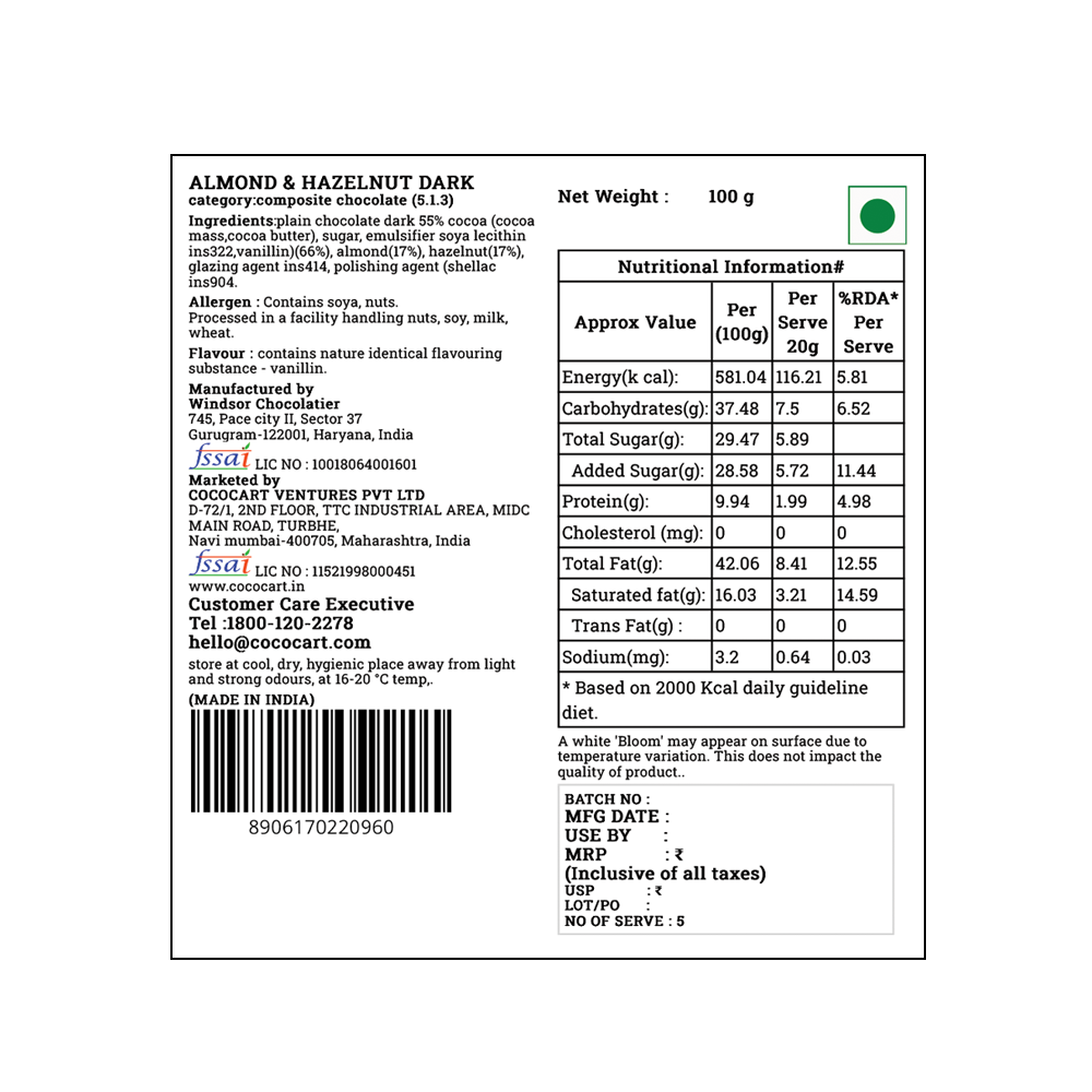 Nutrition label for Rhine Valley Almond & Hazelnut Dark Dragees 100g. Made with Californian Almonds and Turkish Hazelnuts. Contains ingredients, allergens, nutrition information, manufacturer details, and storage instructions. Made in India by Rhine Valley.