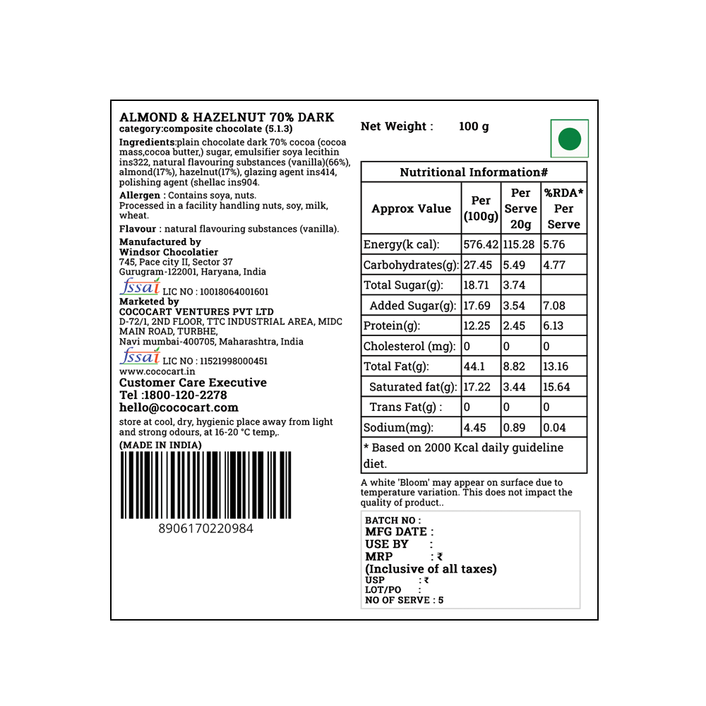 A Rhine Valley Almond & Hazelnut 70% Dark Dragees 100g packaging label showing ingredients with Californian Almonds, nutritional information, storage instructions, manufacturer details, and a barcode.