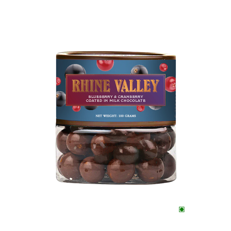 A jar of Rhine Valley Blueberry & Cranberry Milk Dragees 100g.
