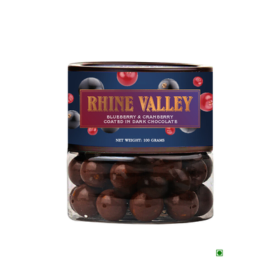 Dark chocolate truffles from the Rhine Valley, packed in a jar. 
Rhine Valley Blueberry & Cranberry Dark Dragees 100g from Rhine Valley, packed in a jar.