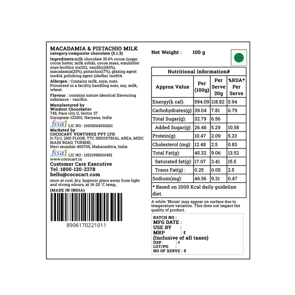Back label of a Rhine Valley Macadamia & Pistachio Milk Dragees 100g, detailing ingredients, nutritional information, manufacturer details, and a barcode.