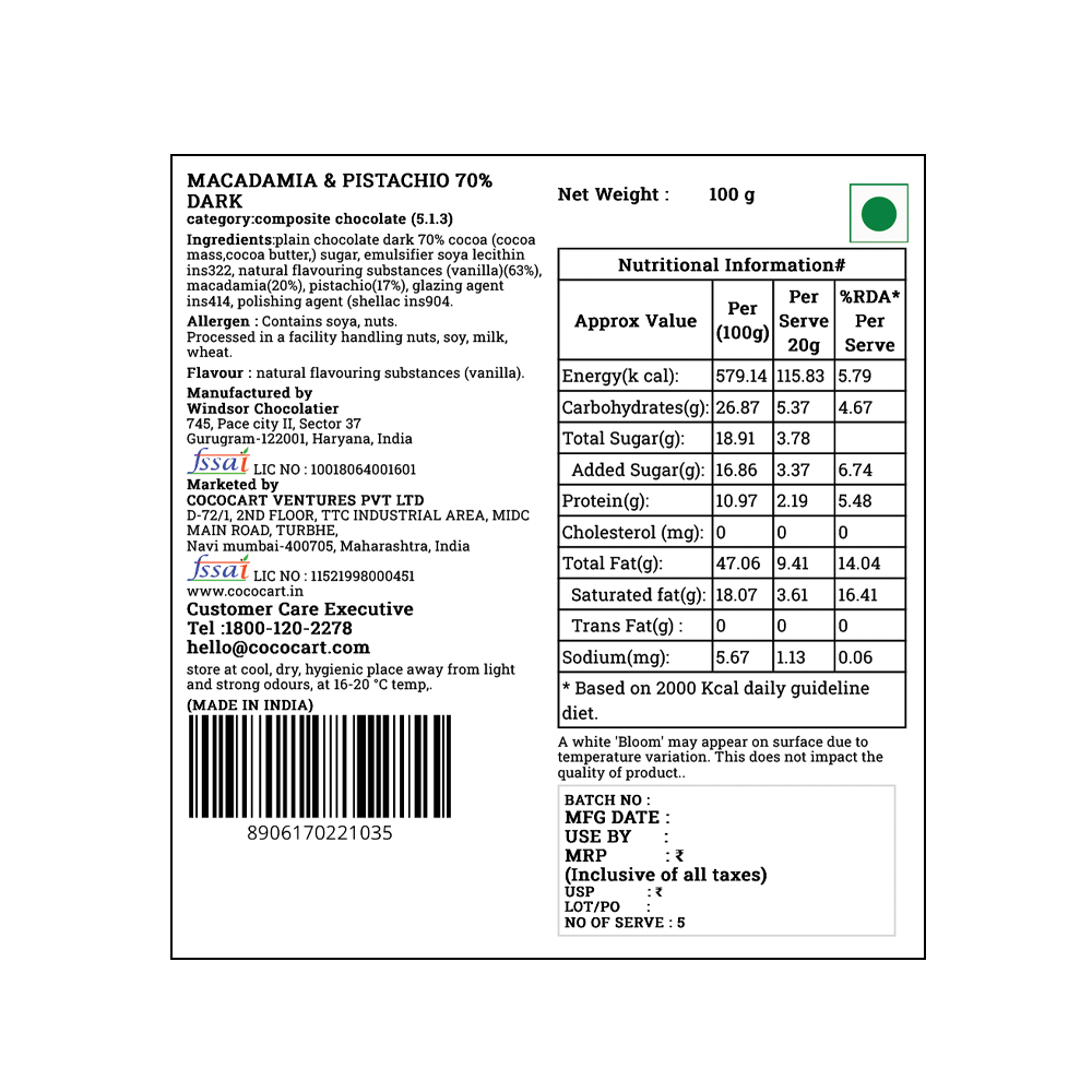 A nutritional information label for Rhine Valley Macadamia & Pistachio 70% Dark Dragees 100g. It showcases ingredients including Australian Macadamias, as well as a full nutritional breakdown per 100g, detailed manufacturer info, and a barcode at the bottom.