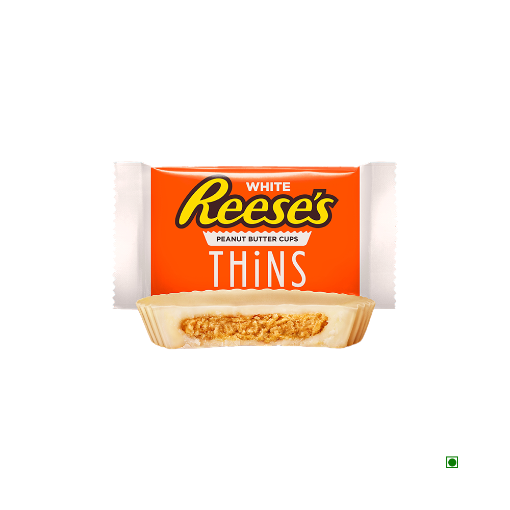 Image of a package of Reese's Thins White Creme Peanut Butter Cups 208g, showcasing a partially sliced peanut butter cup with a smooth white creme exterior.