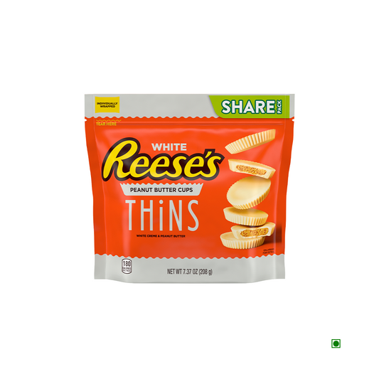 A sharing-size bag of Reese's Thins White Creme Peanut Butter Cups, featuring the product on the front with white creme and peanut butter filling, weighing 7.37 oz (208 g).