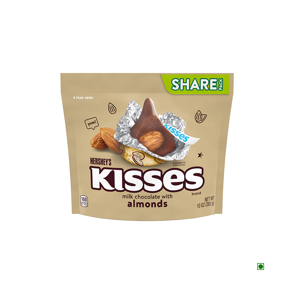 A beige bag of Hershey's Hershey's Kisses Milk with Almonds Bag 283g, weighing 10 oz. The bag features an image of the chocolates and an almond, with a "Share Pack" label in the top right corner.