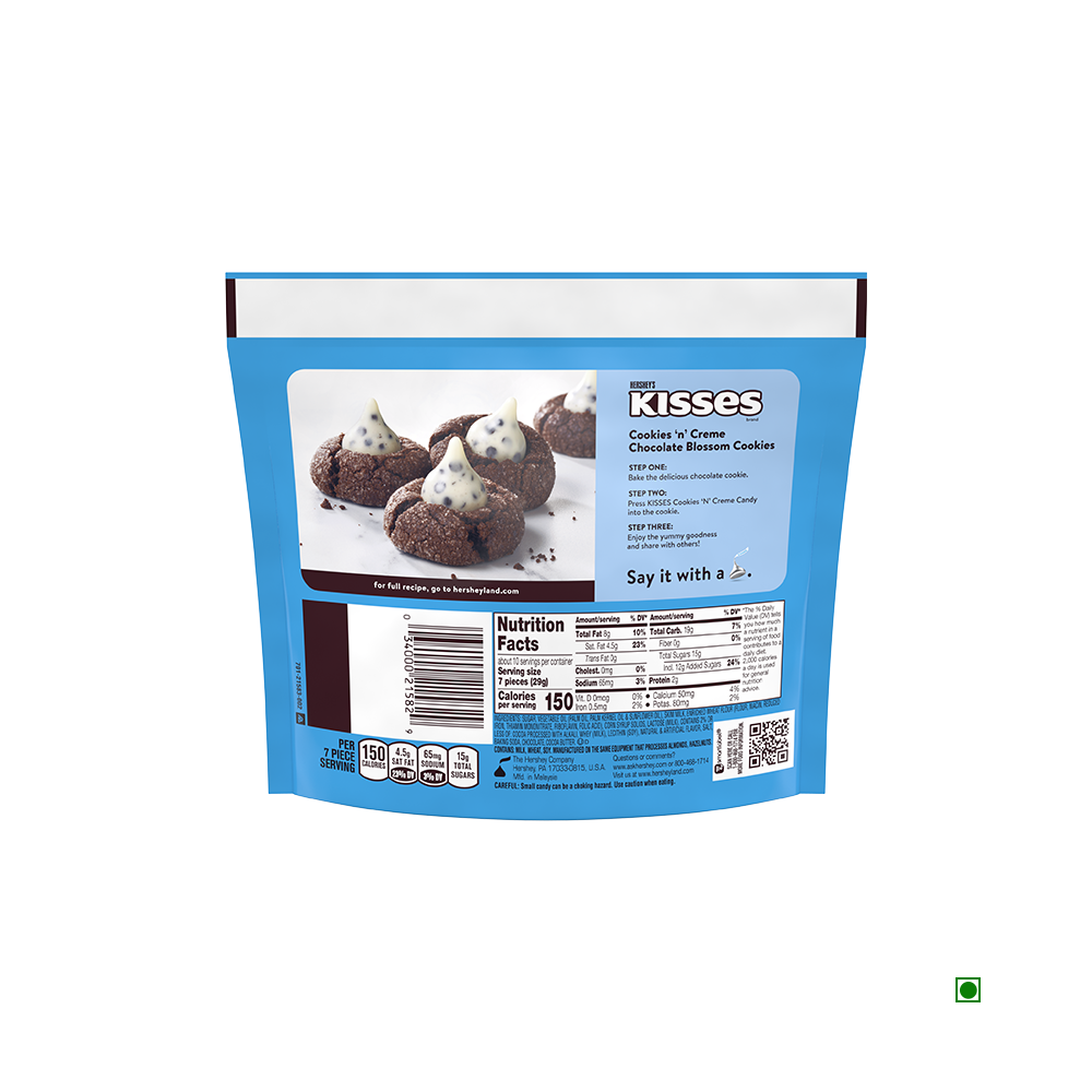 A blue pack of Hershey's Kisses Cookies n Creme Bag 283g, showcasing the product image and nutrition facts on the back. Perfect for candy lovers!