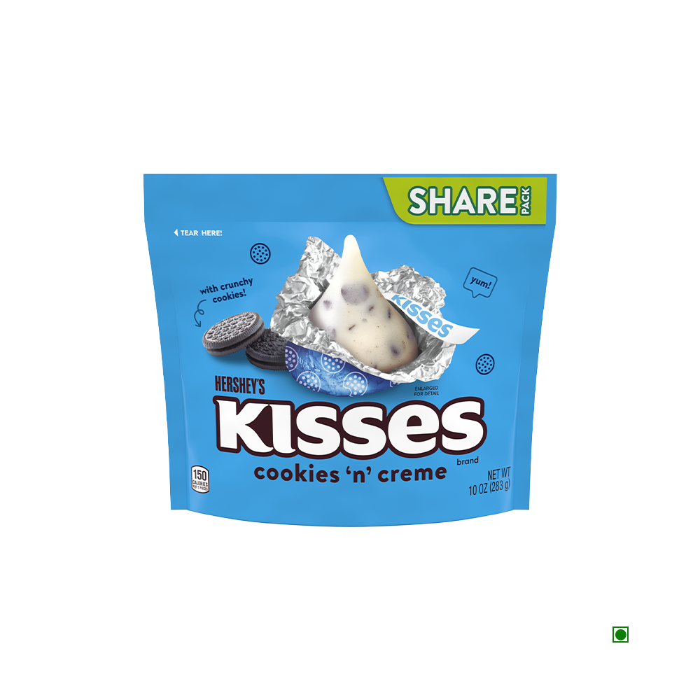 A blue package of Hershey's Kisses Cookies n Creme Bag 283g candy labeled as a "share pack." The package displays an image of a Kisses chocolate and cookies with cream filling. Net weight: 10 oz.