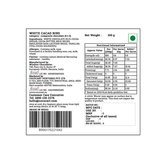 Label of a 100g pack of Rhine Valley White Chocolate with Crunchy Cocoa Nibs with nutritional information, ingredients, and manufacturer details. Includes contact info and a note on best before date. Made in India.