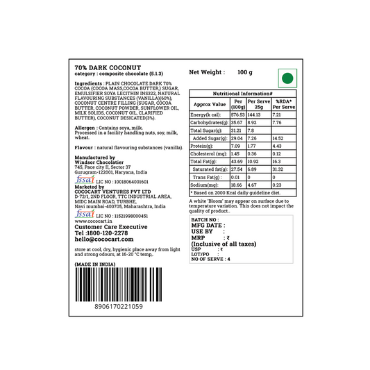 Back label of Rhine Valley 70% Dark Coconut 100g displaying ingredients, nutritional information, manufacturer details, and contact information. The label specifies 70% dark chocolate with desiccated coconut and a net weight of 100g.