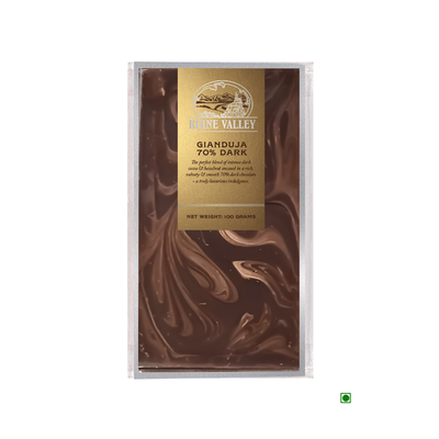 Package of Rhine Valley Gianduja 70% Dark 100g chocolate with hazelnut, featuring a graphic of flowing chocolate on the front, labeled in English.
