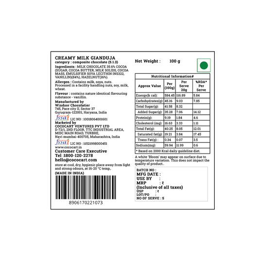 Back label of Rhine Valley Creamy Milk Gianduja 100g, with rich cocoa and smooth hazelnut notes, showing nutritional information, ingredients, manufacturing details, storage instructions, customer care contact, and barcode.